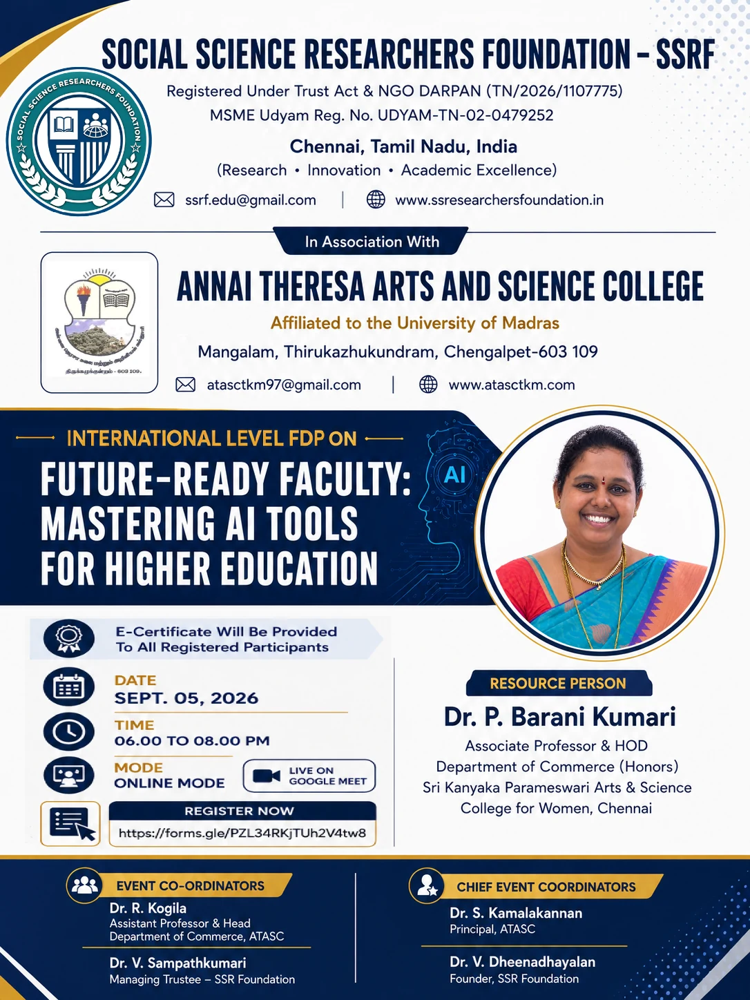 SSRF and Annai Theresa Arts and Science College brochure for the September 5, 2026 online International-Level FDP, Future-Ready Faculty: Mastering AI Tools for Higher Education